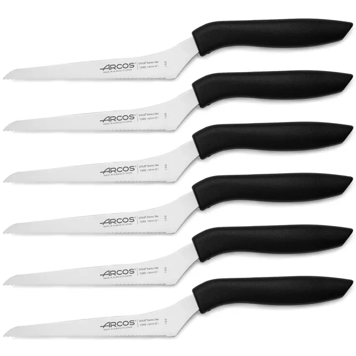 ARCOS Niza - Cuchillo Multiusos Curvo (130 mm) - Hoja de Acero Inoxidable Nitrum® - Mango Negro de Polipropileno (PP) - PACK 6 - 1