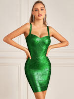 Vestido Bandage Mini De Encaje Con Cintura Alta En Metal Dorado Para Fiesta De Coctel Estilo Bodycon Ajustado Sweetheart Sin Mangas - details 12