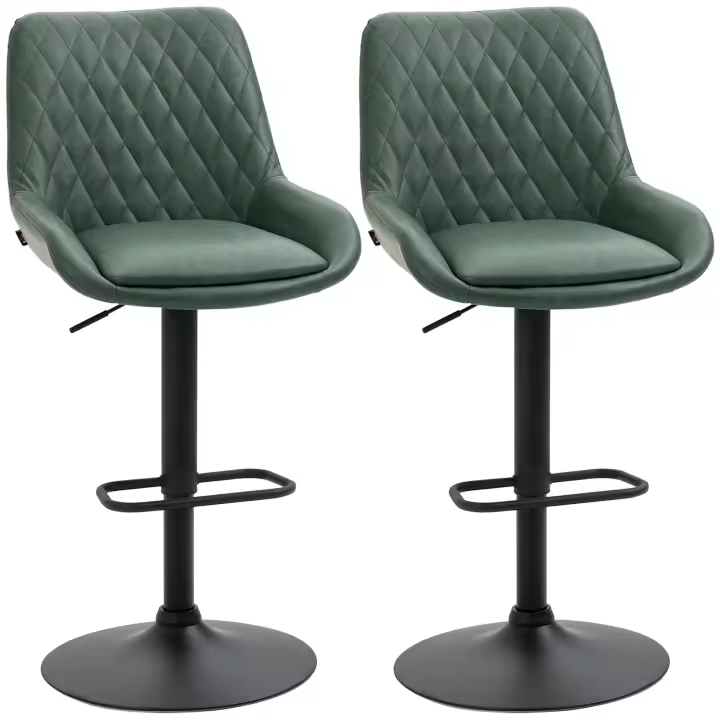 HOMCOM Set de 2 Taburetes de Barra de Piel Sintética, Sillas de Bar, Taburetes Altos, Ajustables en Altura, Giratorios 360°, con Respaldo y Reposapiés, Base de Acero, Verde Oscuro - 1