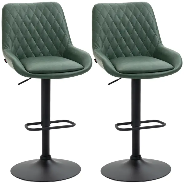 HOMCOM Set de 2 Taburetes de Barra de Piel Sintética, Sillas de Bar, Taburetes Altos, Ajustables en Altura, Giratorios 360°, con Respaldo y Reposapiés, Base de Acero, Verde Oscuro - 1