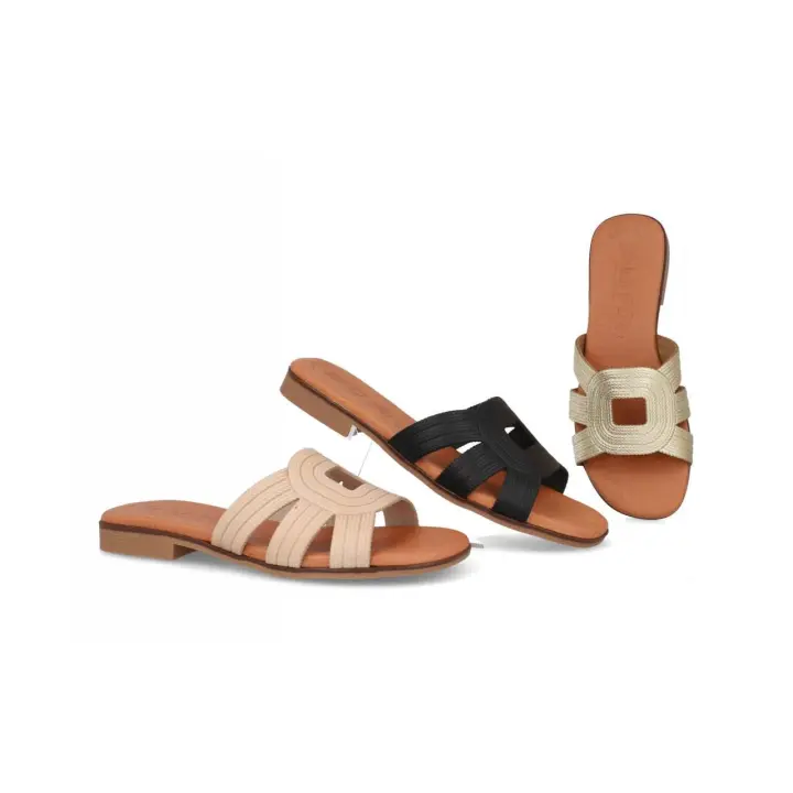 3081 - BDA SANDALIAS PLANAS   COLORES : NEGRO , ORO , BEIGE  TALLAS : 35 AL 41  CORTE EXTERIOR : PIEL  FORRO INTERIOR : PIEL  PLANTILLA : PIEL / GEL    ALTURA TACÓN / CUÑA : 2 CM.  PISO : SINTÉTICO - 1