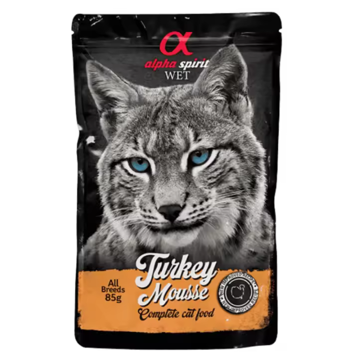 Alpha Spirit Pouch Mousse para Gato Sabor Pavo 24x85g – Comida Húmeda Natural y Completa - 1