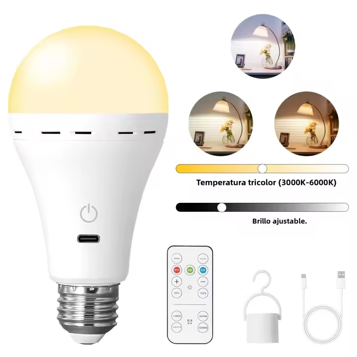 Bombilla LED Recargable Con Control Remoto E27 Batería Operada Sin Cable Dimmable Con Timer Para Lámparas 2200mAh - 1