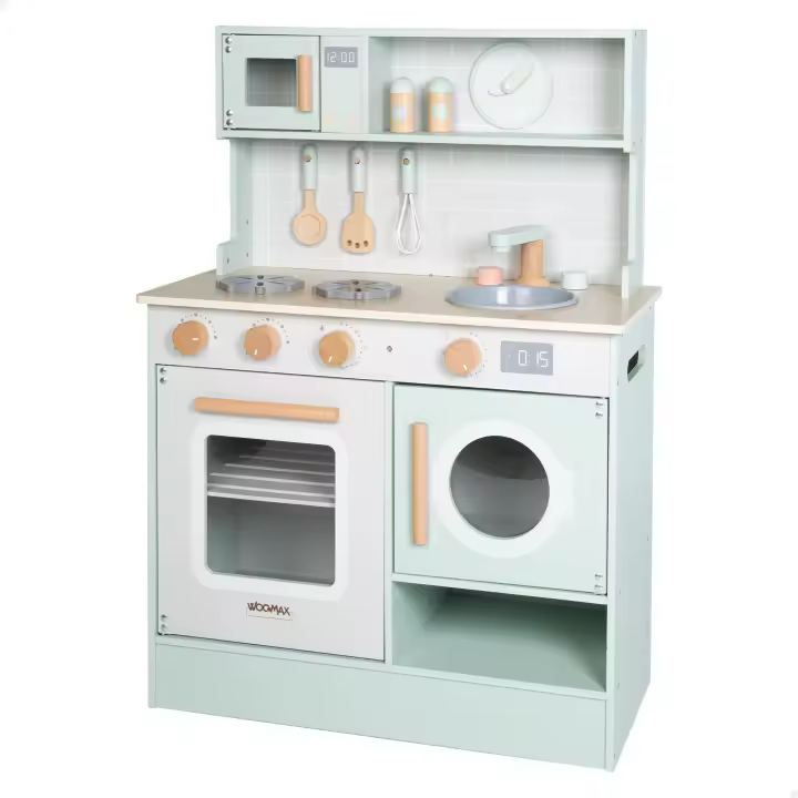 WOOMAX - Cocinita infantil de madera, 60x30x85 cm, Cocina de juguete de madera, Fregadero con grifo extensible, Cocinita de juguete, Juego de cocina para niños, cocinita madera infantil, cocinitas infantiles, utensilios de cocina, juegos de simulación - 1