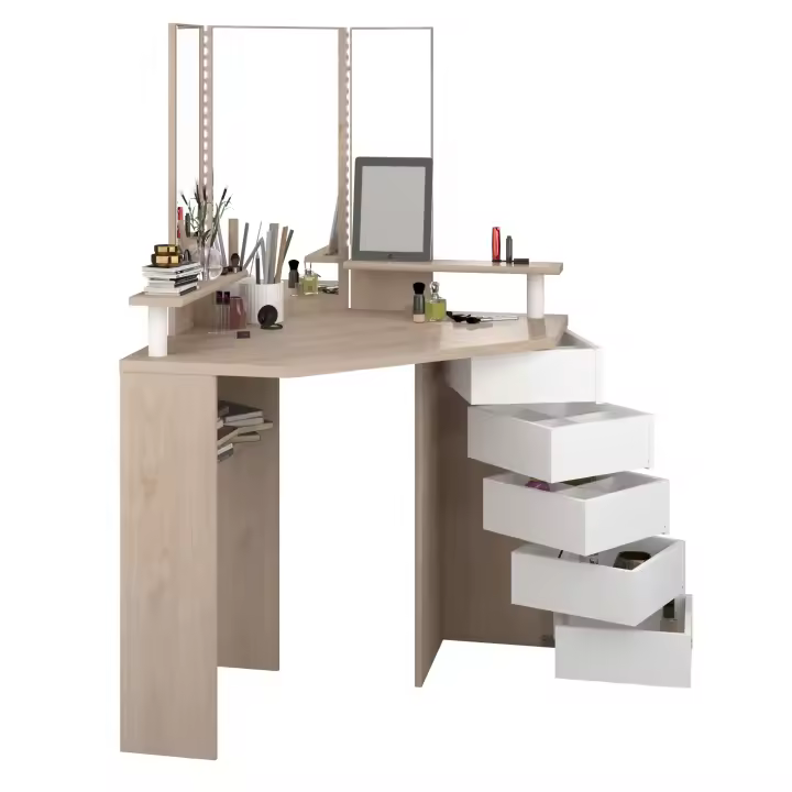 Tocador California en Color Blanco/Roble Claro o Blanco con Espejo, Led y 5 cajones giratorios 142x114x61 cm - 1