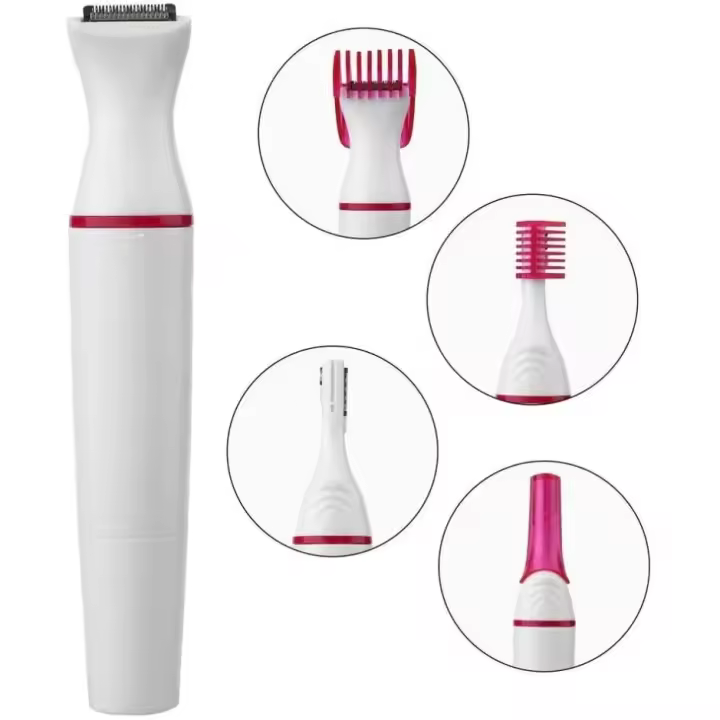 Versátil kit de recortador de cabello 5 en 1 para mujeres - Modelador de cejas, afeitadora de nariz y vello facial que funciona con baterías con cuchillas desmontables - Diseño elegante en blanco y rosa (pilas no incluidas) - 1