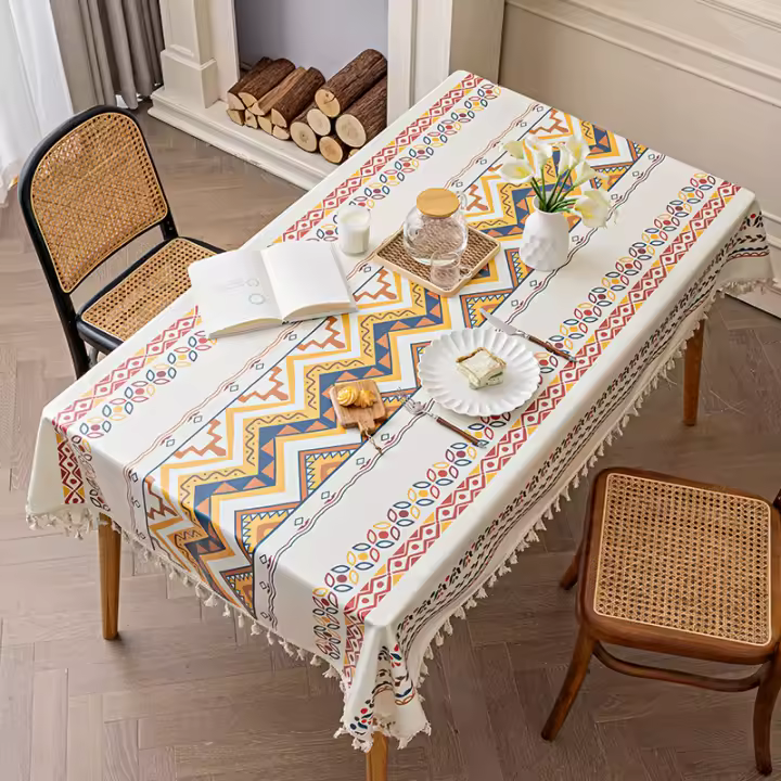 Mantel Bohemio Con Borlas Impermeable Y Resistente Al Aceite Para Hogar Hotel Boda Y Comedor Decoración De Mesa De Polyester/Celulosa - 1
