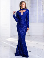 Vestido De Noche Elegante Para Mujer Romagic Azul Con Lentejuelas Manga Larga Cuello O Vestido De Boda Formal Longitud Del Piso Para Fiesta De 2025 - details 2