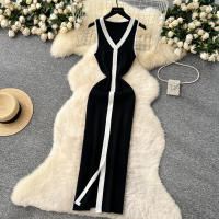 Vestido Largo Sin Mangas De Verano Para Mujer REALEFT V-neck Cintura Imperio Slim Alineado Hasta La Cintura De Poliéster - details 8