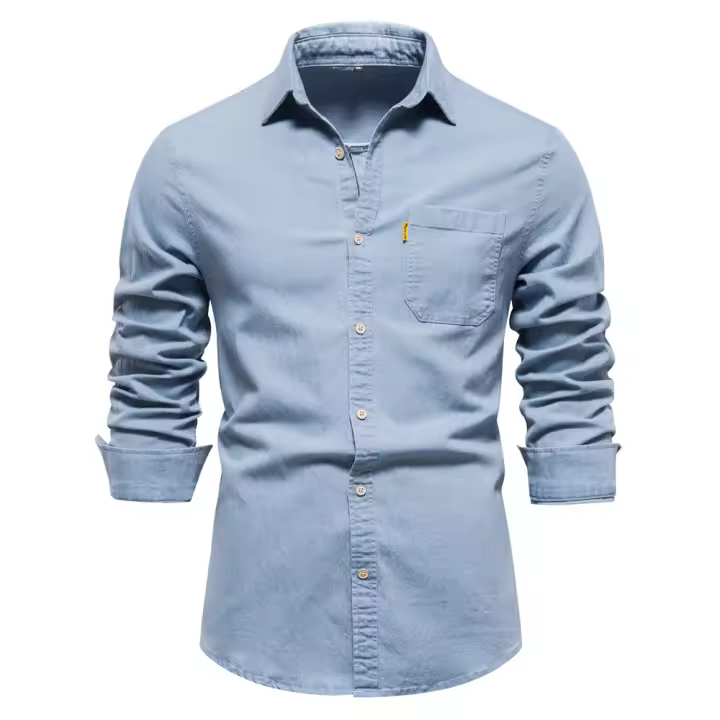Camisa vaquera sin hierro para hombre, camisa informal de manga larga de color sólido sin hierro, nuevo estilo a la moda, 2024 - 1
