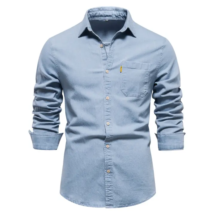 Camisa vaquera sin hierro para hombre, camisa informal de manga larga de color sólido sin hierro, nuevo estilo a la moda, 2024 - 1