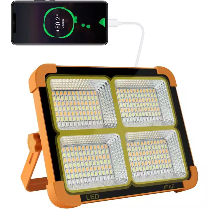 100W Foco LED Recargable, Foco LED Bateria 336 LEDs/Panel Solar/ 4 Modos de Luz/Batería Externa de 16500mAh/ Base Magnética, Ideal para Camping, Trabajo, Pesca - 1