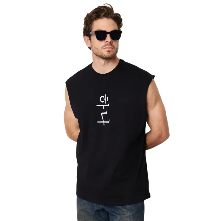 Trendyol Black Oversize/Wide Cut Far East Text Printed 100% Cotton T-Shirt/Undershirt Tmnss22Al0108 - 1