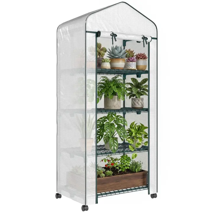 Outsunny Invernadero de Exterior con 4 Estantes y Ruedas, Invernadero Pequeño con Puerta Enrollable, Marco de Acero y Cubierta de PE 140g/㎡, Anti-UV para Plantas, Macetas, Flores, 70x50x165 cm, Blanco - 1