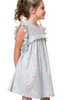 Vestido niña elegante Petit Alo azul flores rosas | Sin mangas, nido de abeja a mano bordado, 100% viscosa, lavable a máquina - details 2