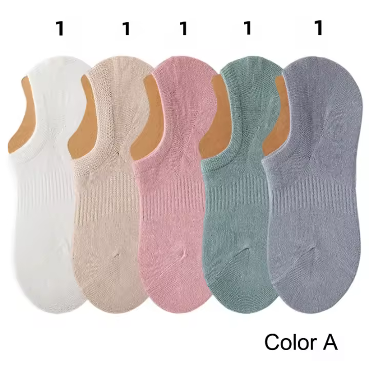 5 Pares De Calcetines Invisibles Para Mujer De Color Sólido Antiaderentes De Verano Calcetines Planos Sin Mostrar De Algodón Y Poliéster - 1