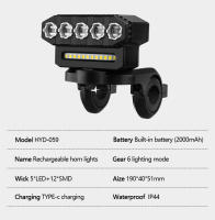 Luz delantera de bicicleta recargable por USB, bocina de Ciclismo de 120dB, resistente al agua, 6 modos de iluminación, fácil de instalar - details 2