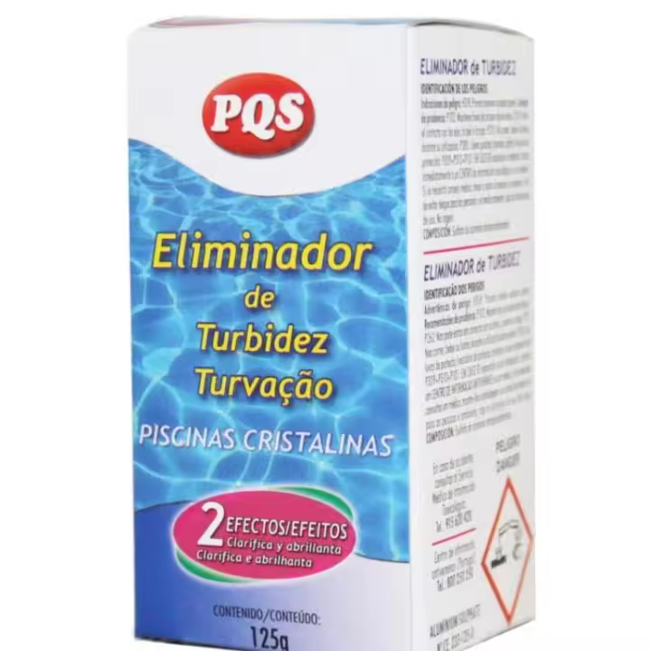 ELIMINADOR DE TURBIDEZ PQS mejora la calidad de filtración, transparencia y  limpieza del agua. Rápida floculación,  clarificación continua. 125g - 1