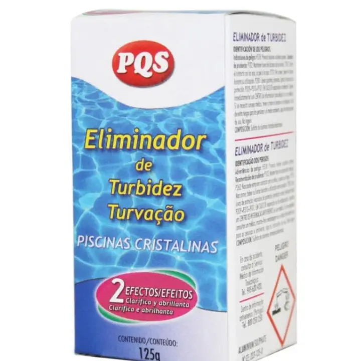 ELIMINADOR DE TURBIDEZ PQS mejora la calidad de filtración, transparencia y  limpieza del agua. Rápida floculación,  clarificación continua. 125g - 1