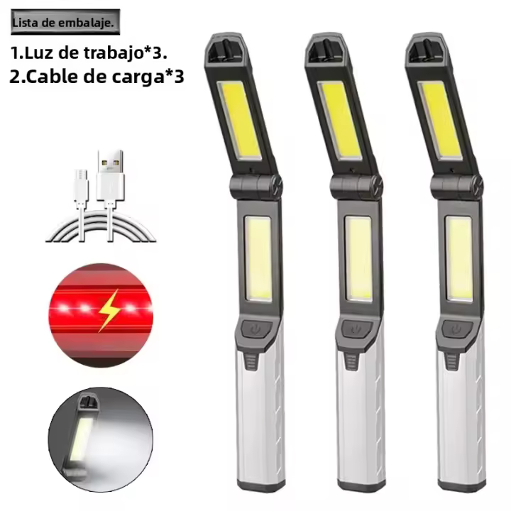 Linterna LED COB Multifuncional Recargable Con Batería Integrada Luz De Trabajo Magnética Lámpara De Colgaje Con Luz Roja De Advertencia - 1