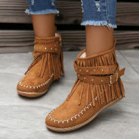 Botines De Otoño Para Mujer Zapatos Planos Botas De Tobillo Retro En Cuero Suelto Con Borlas Punta Redonda Suave Casual - details 19