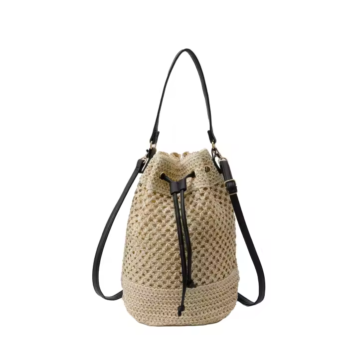 Bolsa de paja para mujer, bolsa de playa tejida de verano con cordón de cordón, bolso de mano para vacaciones - 1