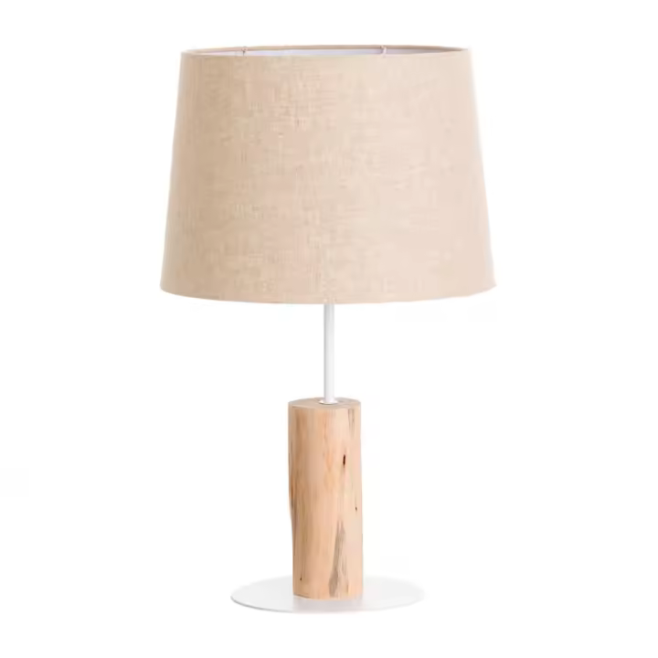 Lámpara de Mesa Moderna Rústica de Madera Hierro Tela y Color Natural Blanco y Beige | Modelo Pristino O91 | Lámpara para Mesilla de Noche, Salón, Dormitorio... | 35x35x58cm - 1