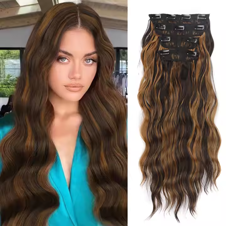Juego de 4 peloteras de 55 cm de Cabello natural para Mujer con Ondas al agua - 1