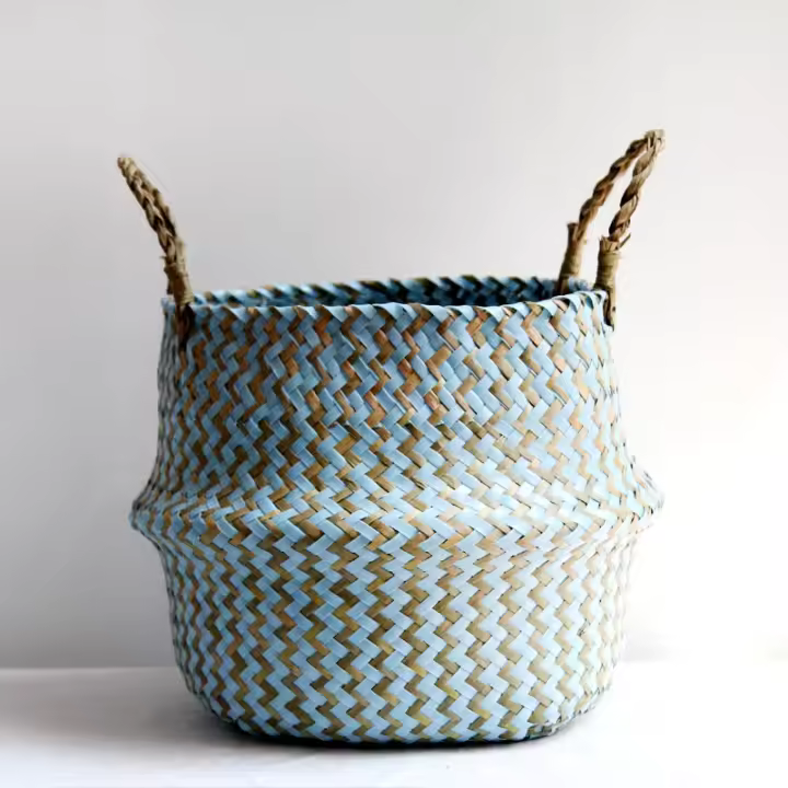 Bolsa De Almacenamiento Bohemia De Paja Con Estampado Rayado Y Florales Hecha a Mano Plegable Para Ropa Jardín Maceta - 1