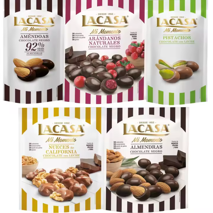 Lacasa Mi Momento pack de 5:Pistacho Chocolate Leche ,Almendra 92% ,Arándano Chocolate Negro ,Nueces Chocolate Leche,Almendra Chocolate Negro - 1