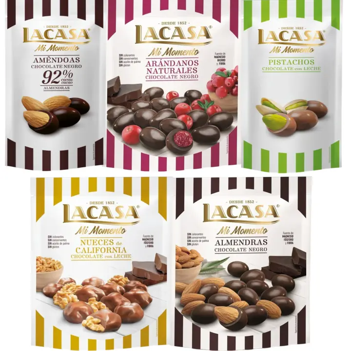 Lacasa Mi Momento pack de 5:Pistacho Chocolate Leche ,Almendra 92% ,Arándano Chocolate Negro ,Nueces Chocolate Leche,Almendra Chocolate Negro - 1