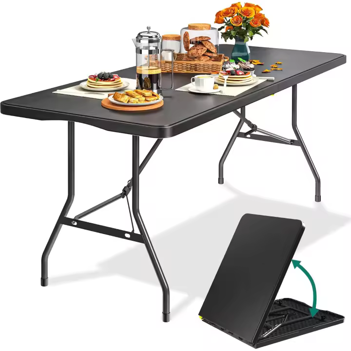 Mesa de Camping Plegable 180cm con Mango, Mesa de Picnic Impermeable y Resistente, Mesa Exterior para Fiestas al Aire Libre Playa Parrilladas, 180 x 75 x 74cm, Negro - 1