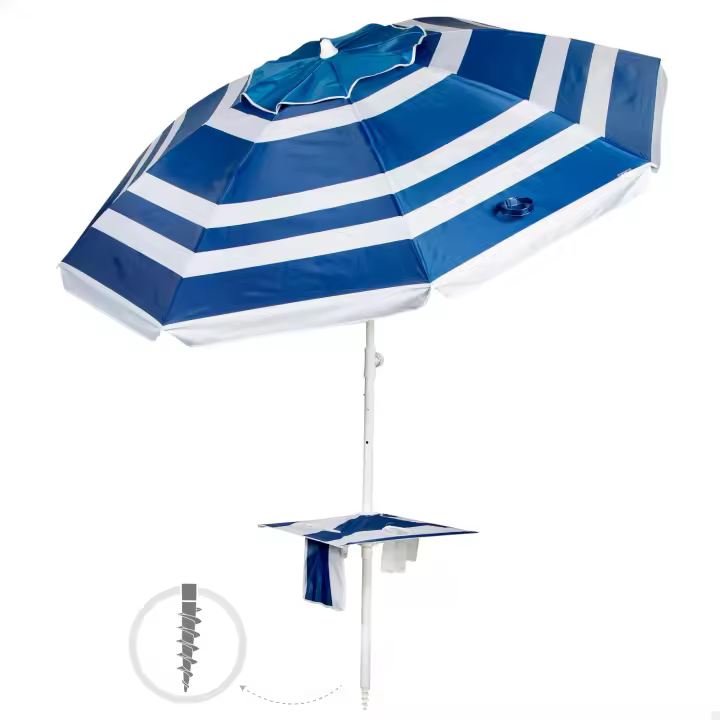 Aktive - Sombrilla de playa marinera, 210 cm, mesa central con posavasos y bolsillo, protección UV50, mástil acero inclinable y regulable en altura, tejido poliéster Oxford, 8 varillas fibra de vidrio, sombrilla playa grande, sombrillas de playa - 1