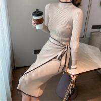 Vestido Bandage Tejido Vintage Para Mujer Con Rayas Slim De Manga Larga Estilo Elegante Para Oficina Vestido Irregular De Cuello Alto Casual De Otoño - details 8