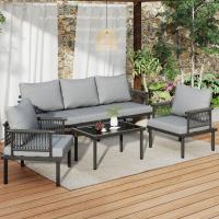 Conjunto de chaise longue de Jardín, Conjunto de muebles de Jardín con cojines, de 3 plazas Sofá, 2 sillones y Mesa de Centro, Exterior, Tabla de Cristal, Reposabrazos de Cuerda trenzada, Acero galvanizado - details 0