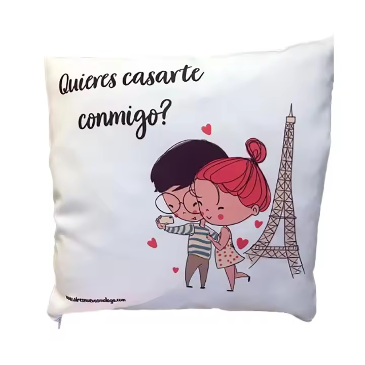 Cojín blanco de poliéster sublimado "Quieres casarte conmigo?". Original. Regalo. Personalizados. Aires Nuevos. - 1