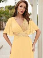 Vestido De Novia Sastre Unithorse Elegante Con Encaje Y Mariposa En Manga Chiffon Para Damas De Honor V-Neck Largo Al Piso - details 57