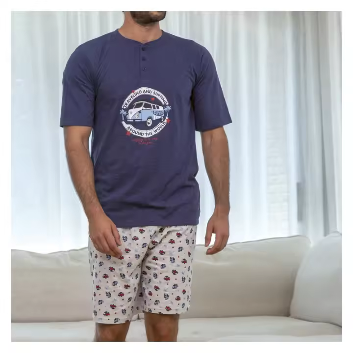 MUSLHER Pijama Hombre Manga Corta Azul Marino Estampado - 1
