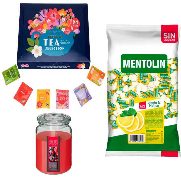Pack surtido: MENTOLIN LIMON MELISA S/A BOLSA 1KG + Vela perfumada de frutos rojos + Set de Te con 24 bolsitas con diferentes sabores y aromas - 1