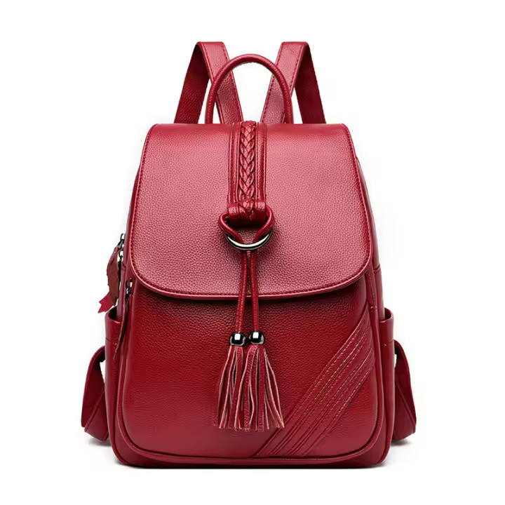 Mochila para mujer, nueva mochila de cuero suave con borlas colgantes, mochila de gran capacidad para estudiantes, mochila de viaje para exteriores - 1