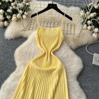 Vestido Largo Tejido De Encaje Con Cintura Alta Midi Sin Mangas Elegante Vestido Amarillo Para Mujer Vestido Fino De Color Negro Vestido De Calle - details 17