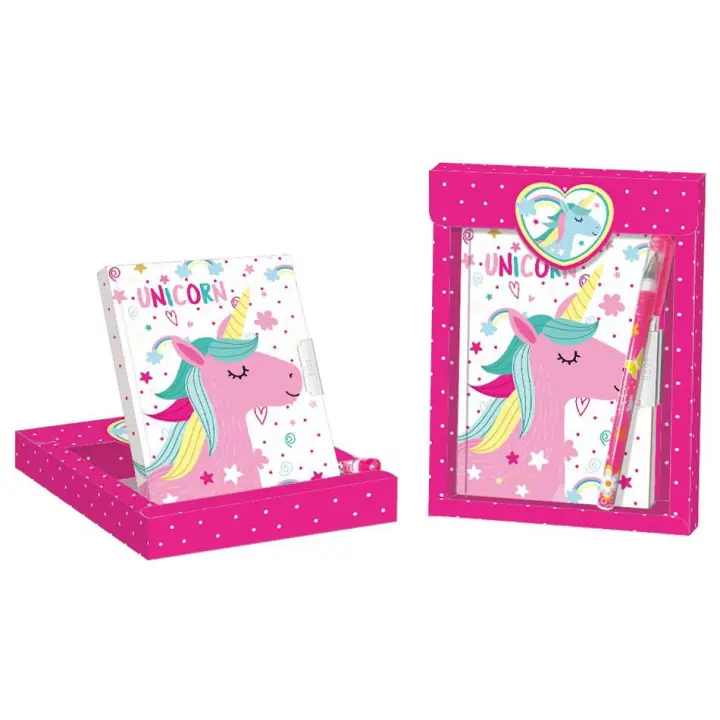 Lote 12 Set de Regalo Diario + Bolí­grafo Unicornios Detalles de bodas comuniones cumpleaños niñas adolescentes - 1
