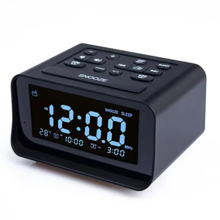Radio despertador digital con cargador USB dual para dormitorio, volumen y brillo de alarma ajustables (negro) - 1