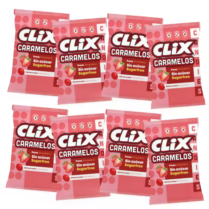 Clix Caramelos - Pack de 8 bolsas de 10 caramelos - Caramelos sin azúcar, sin gluten, sin lactosa - sabor a fresa - 1
