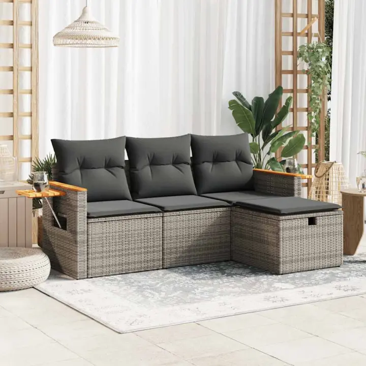 vidaXL Set de sofás de jardín 4 pzas y cojines ratán sintético gris - 1
