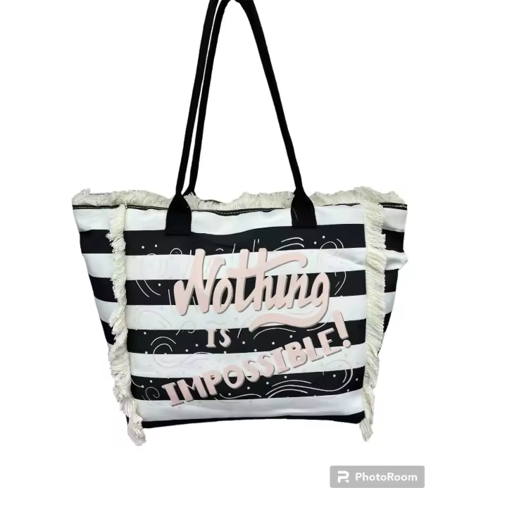 MEJORADA Bolso de playa o piscina grande con estampados de RAYAS con frases de bendiciones,con fleco de borla blanco de algodon,tamaño 55*37*19CM.contiene bolsillos interior y forros.tejido 100% poliéster - 1