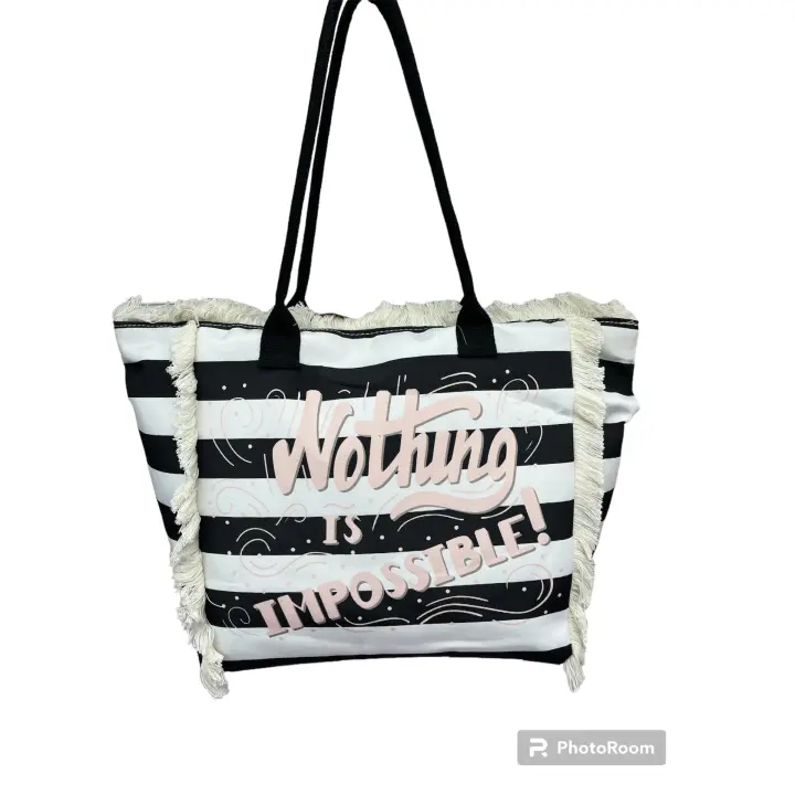 MEJORADA Bolso de playa o piscina grande con estampados de RAYAS con frases de bendiciones,con fleco de borla blanco de algodon,tamaño 55*37*19CM.contiene bolsillos interior y forros.tejido 100% poliéster - 1