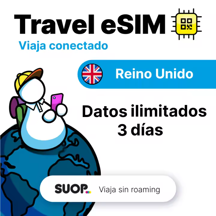 SUOP Travel eSIM para Reino Unido con datos ilimitados. Tarjeta prepago. Viaja sin roaming. Internet móvil de alta velocidad - 1