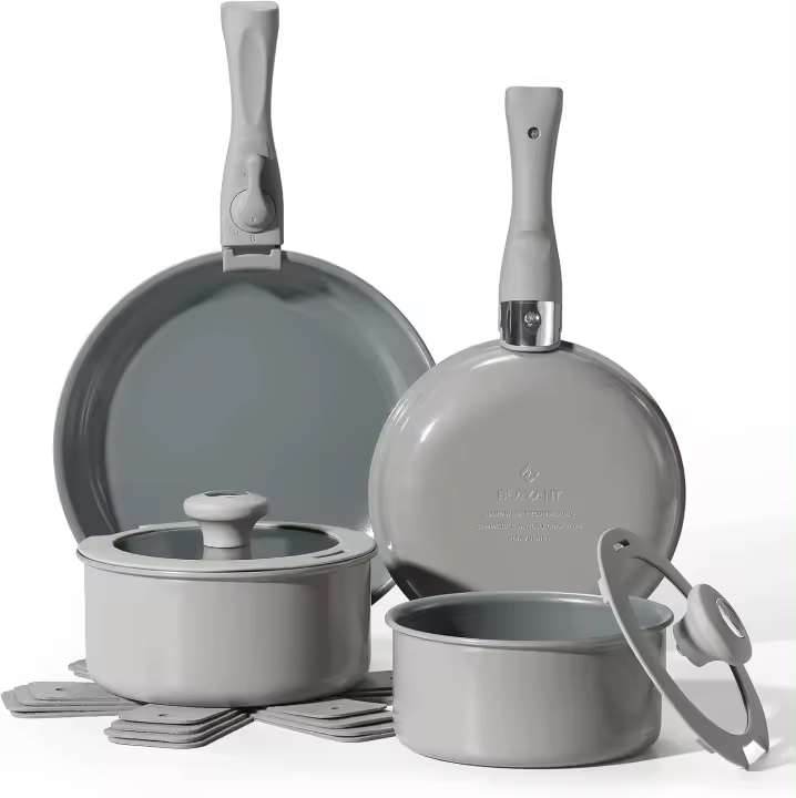 Juego de ollas y sartenes de cerámica antiadherentes, ollas y sartenes con mango desmontable, juegos de utensilios de cocina de inducción para cocina de inducción, juego de cocina de RV, apto - 1