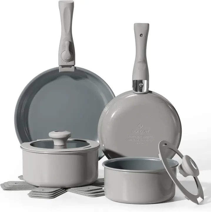 Juego de ollas y sartenes de cerámica antiadherentes, ollas y sartenes con mango desmontable, juegos de utensilios de cocina de inducción para cocina de inducción, juego de cocina de RV, apto - 1
